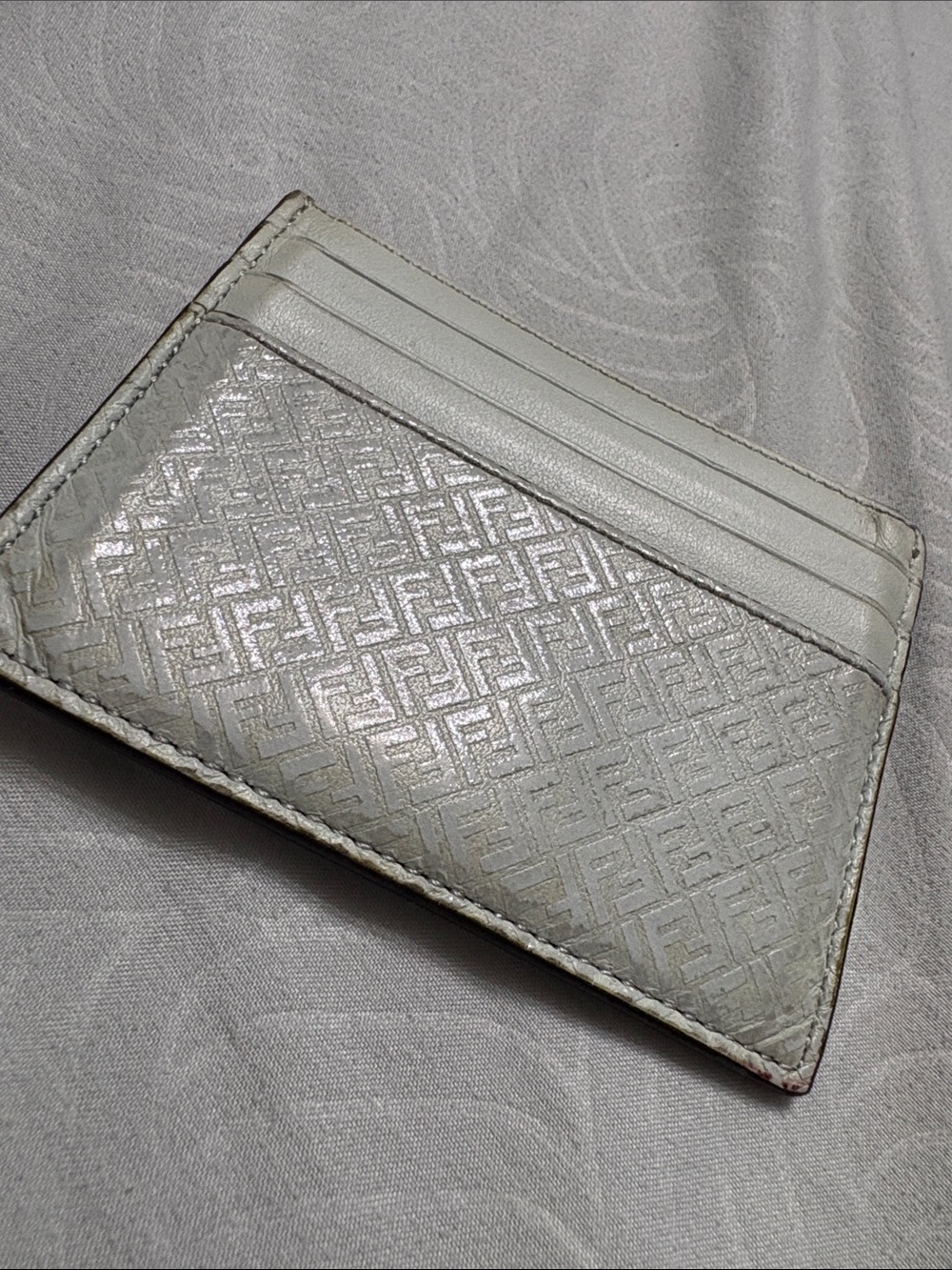 Fendi Leather Card Holder in Light Blue/Grey with Embossed Geometric Pattern